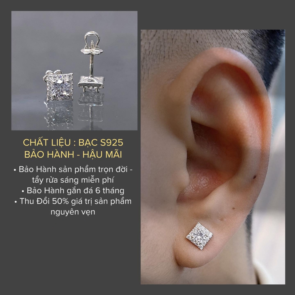 Bông tai nụ vuông Bạc 925 cho nam nữ VNJ  - V80