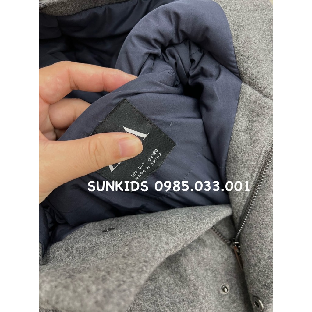 Áo khoác dạ xám bé gái túi hộp có mũ