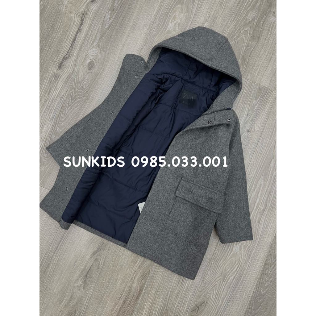 Áo khoác dạ xám bé gái túi hộp có mũ