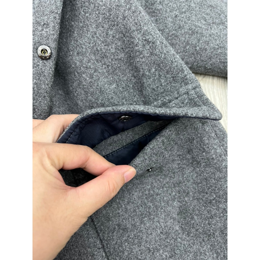 Áo khoác dạ xám bé gái túi hộp có mũ