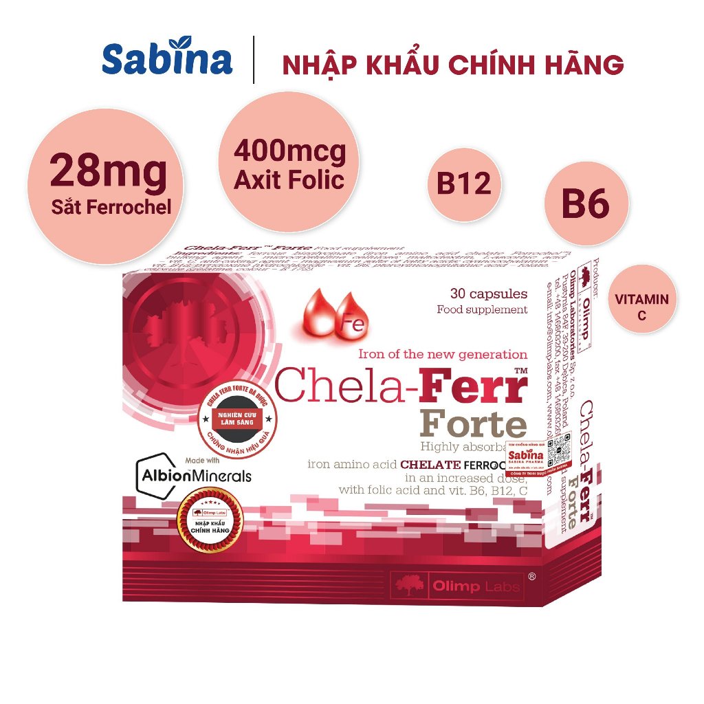 Sắt Chela-Ferr® Forte (Olimp Labs) 28mg sắt   –Viên sắt cho bà bầu hỗ trợ bổ sung và dễ hấp thu sắt 30 viên, 11,4g