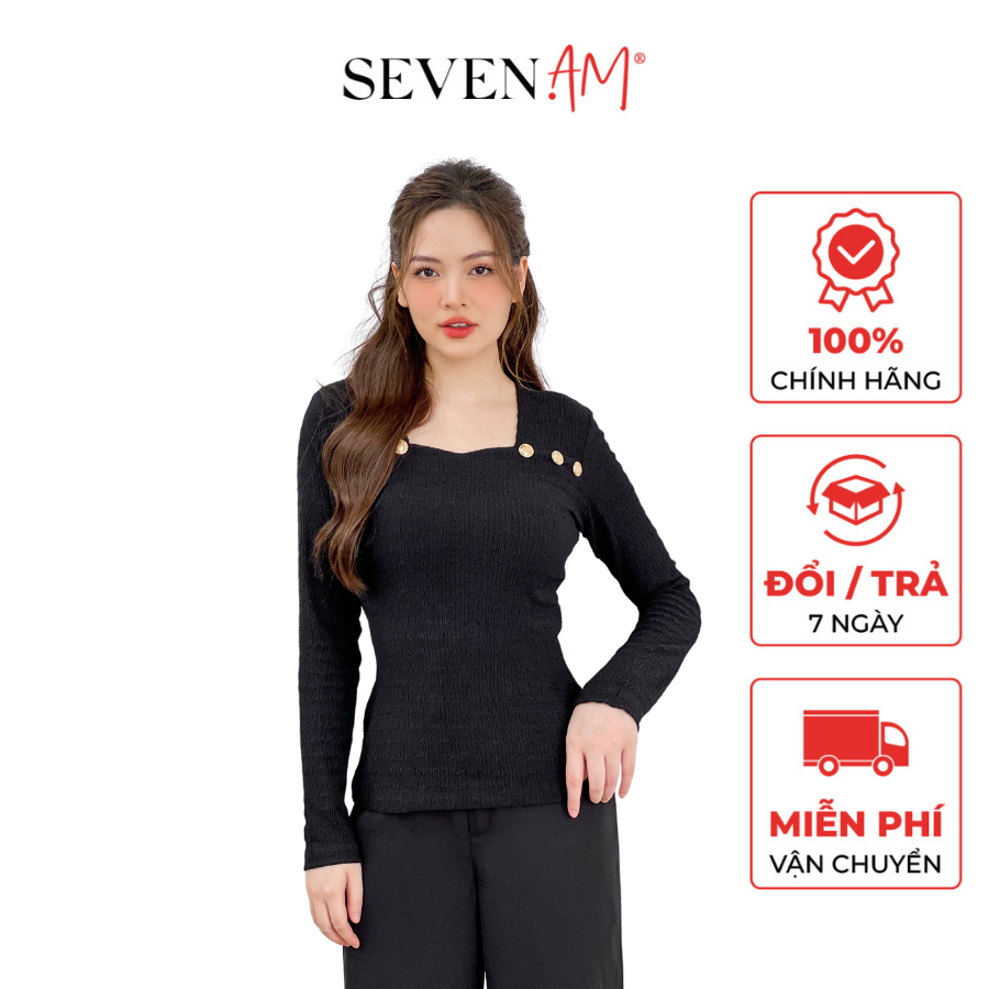 Áo thun kiểu đen tay dài cổ vuông basic thời trang nữ phối khuy Seven.AM OA0082I