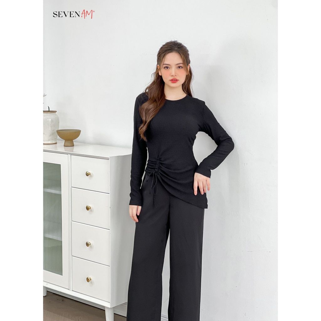 Áo thun tay dài đen rút nhún eo cổ tròn thời trang nữ Seven.AM OA0083I