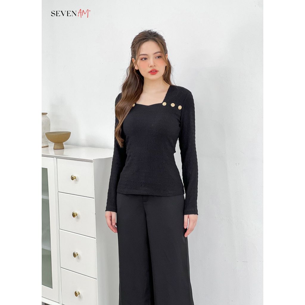 Áo thun kiểu đen tay dài cổ vuông basic thời trang nữ phối khuy Seven.AM OA0082I