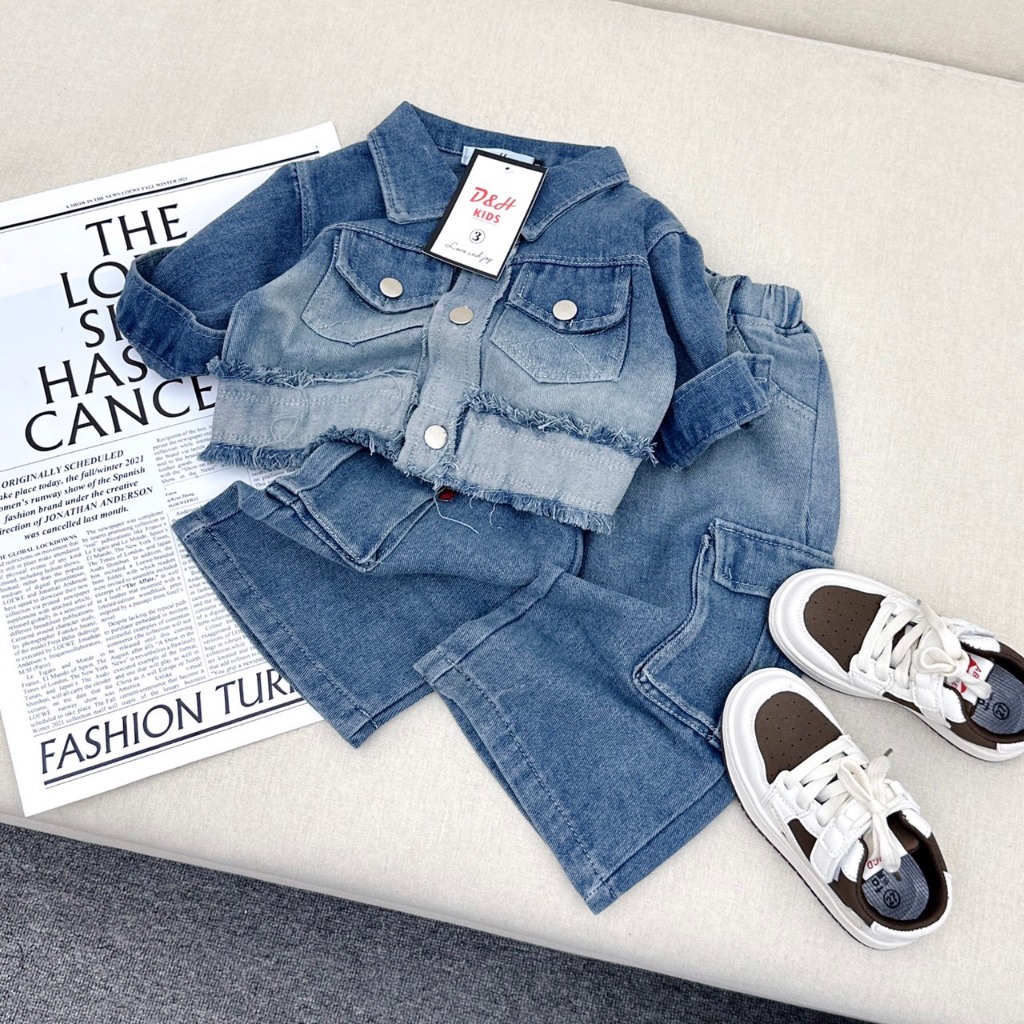 Set Áo Bò Kèm Quần Jeans Túi Hộp Cho Bé Gái WOWKIDS Dáng Rộng Cá Tính Cho Bé Từ 8-23kg