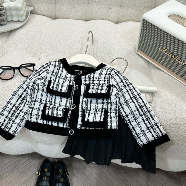 Set Áo Khoác Dạ Tweet Phối Túi Kèm Chân Váy Xếp Ly Cho Bé Gái WOWKIDS Chất Dạ Dày Dặn Phong Cách Hàn Cho Bé Từ 10-30kg