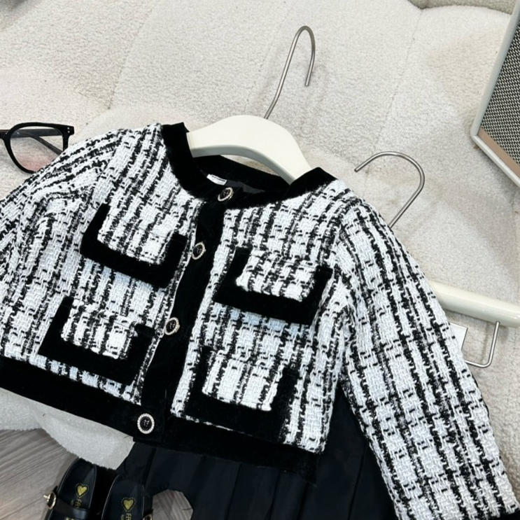 Set Áo Khoác Dạ Tweet Phối Túi Kèm Chân Váy Xếp Ly Cho Bé Gái WOWKIDS Chất Dạ Dày Dặn Phong Cách Hàn Cho Bé Từ 10-30kg