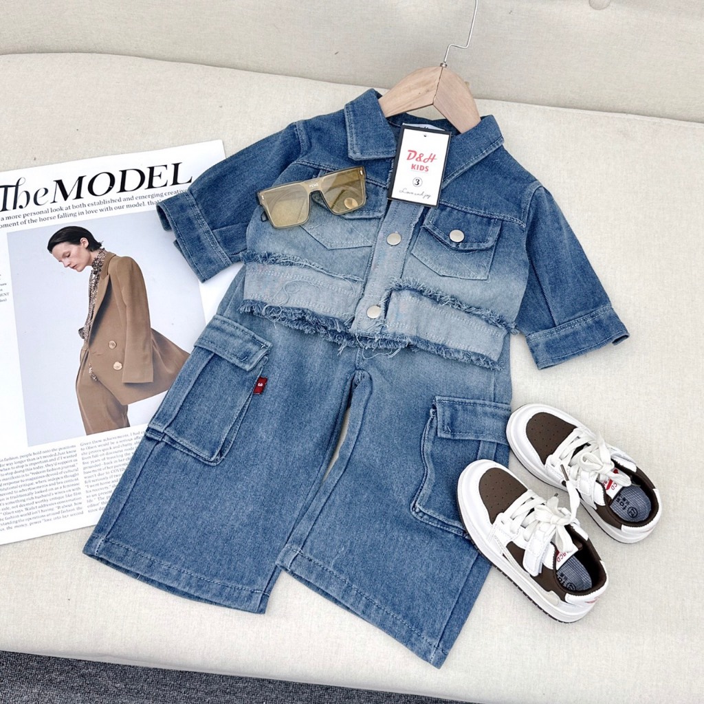 Set Áo Bò Kèm Quần Jeans Túi Hộp Cho Bé Gái WOWKIDS Dáng Rộng Cá Tính Cho Bé Từ 8-23kg