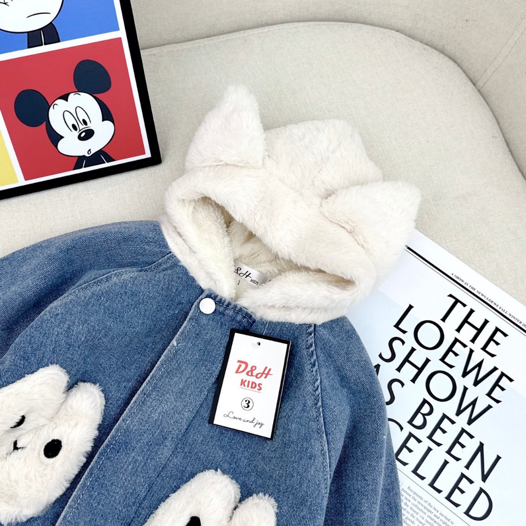 Áo Khoác Bò Lót Lông Cho Bé Gái Bé Trai WOWKIDS Có Mũ Lông Tai Thỏ Đáng Yêu Cho Bé Từ 8-28kg