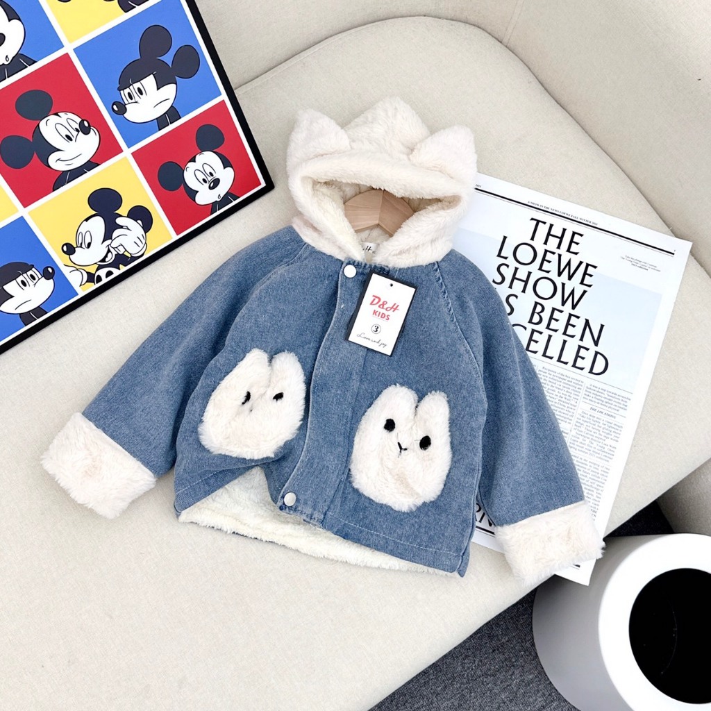 Áo Khoác Bò Lót Lông Cho Bé Gái Bé Trai WOWKIDS Có Mũ Lông Tai Thỏ Đáng Yêu Cho Bé Từ 8-28kg