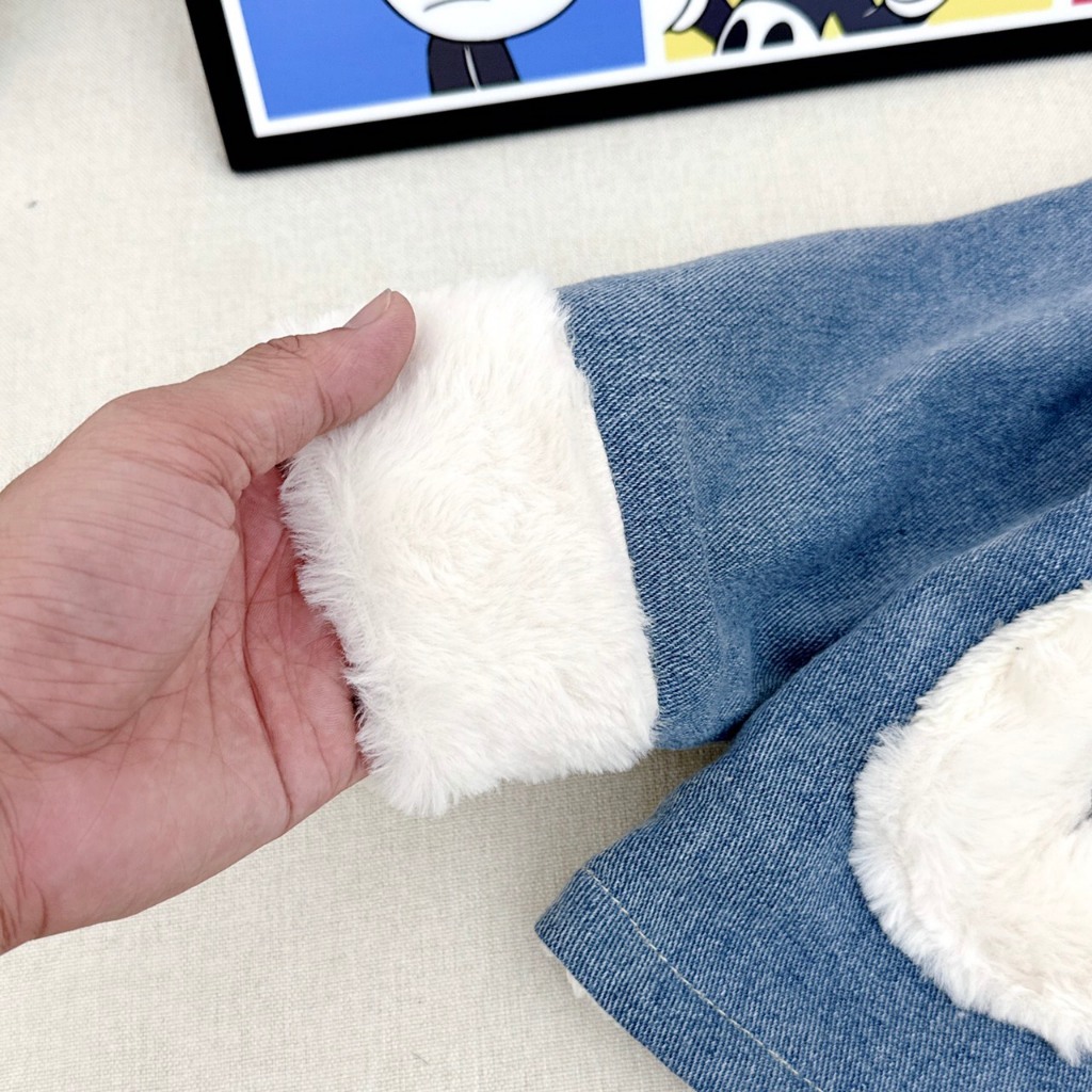 Áo Khoác Bò Lót Lông Cho Bé Gái Bé Trai WOWKIDS Có Mũ Lông Tai Thỏ Đáng Yêu Cho Bé Từ 8-28kg