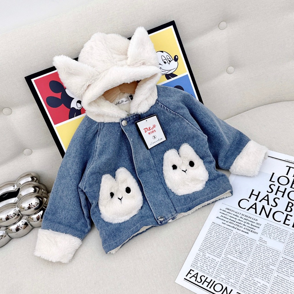 Áo Khoác Bò Lót Lông Cho Bé Gái Bé Trai WOWKIDS Có Mũ Lông Tai Thỏ Đáng Yêu Cho Bé Từ 8-28kg
