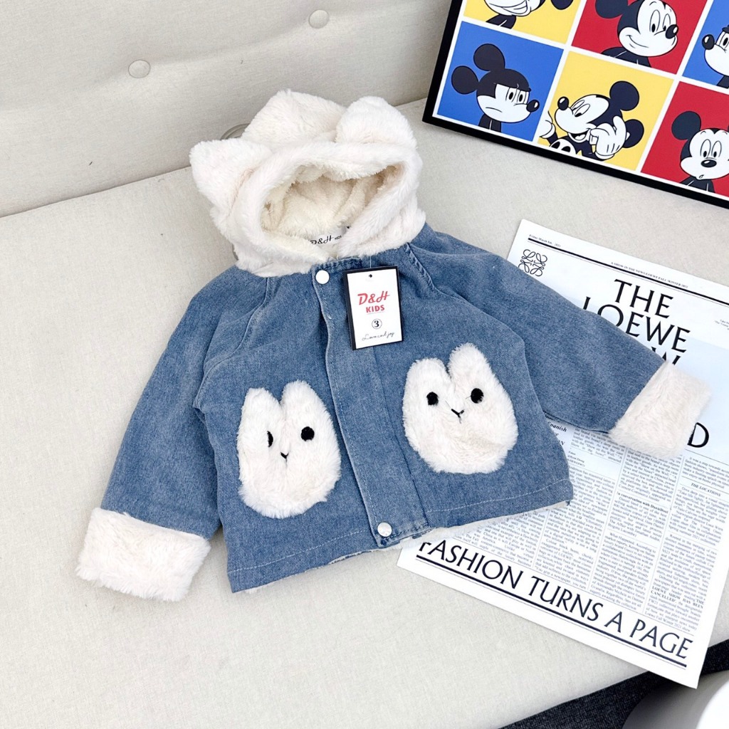 Áo Khoác Bò Lót Lông Cho Bé Gái Bé Trai WOWKIDS Có Mũ Lông Tai Thỏ Đáng Yêu Cho Bé Từ 8-28kg