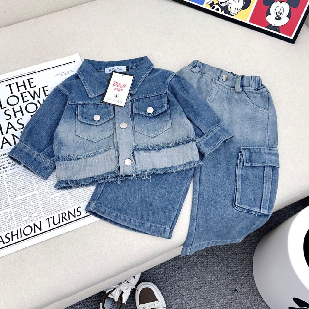 Set Áo Bò Kèm Quần Jeans Túi Hộp Cho Bé Gái WOWKIDS Dáng Rộng Cá Tính Cho Bé Từ 8-23kg