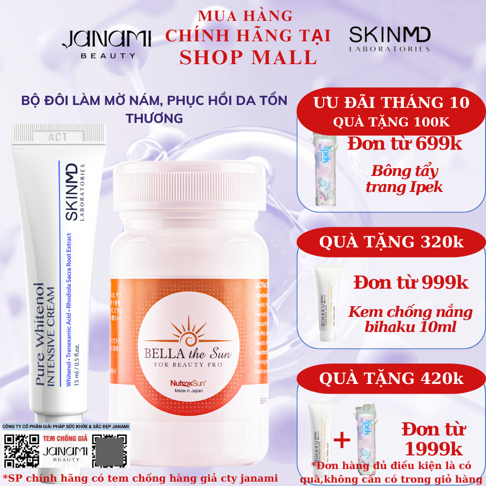 Bộ đôi ngừa thâm nám SkinMD Pure Whitenol Intensive Cream 15 ml và chống nắng nội sinh Bella The Sun 30 viên