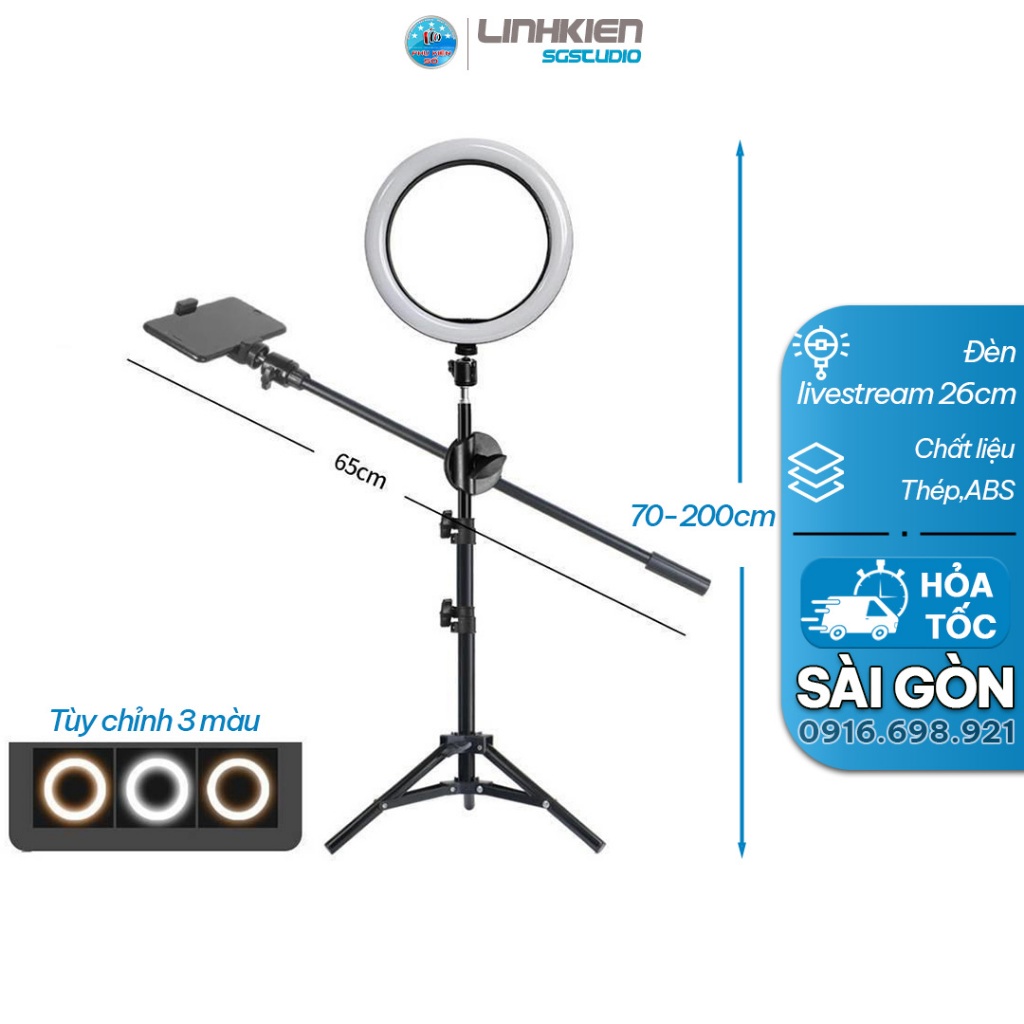 Bộ đèn led ring size 26cm chân 2m tay treo ngang kẹp điện thoại review sản phẩm livestream live