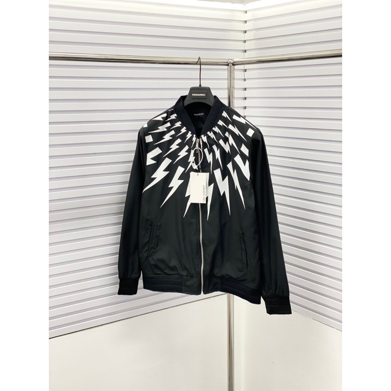 Áo khoác bomber zip nam nữ Neil Barrett vải gió in hoạ tiết hình tia sét trắng mặt trước bo ống 2 lớp AK70P