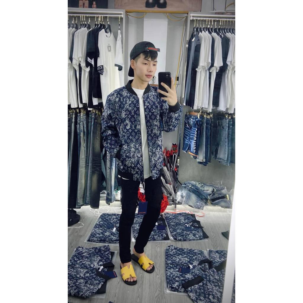 Áo Khoác Bomber LV Loang 2 Lớp Vải Bò Cao Cấp-Bomber Lv Loang Xanh Hàng Đẹp Chuẩn Form