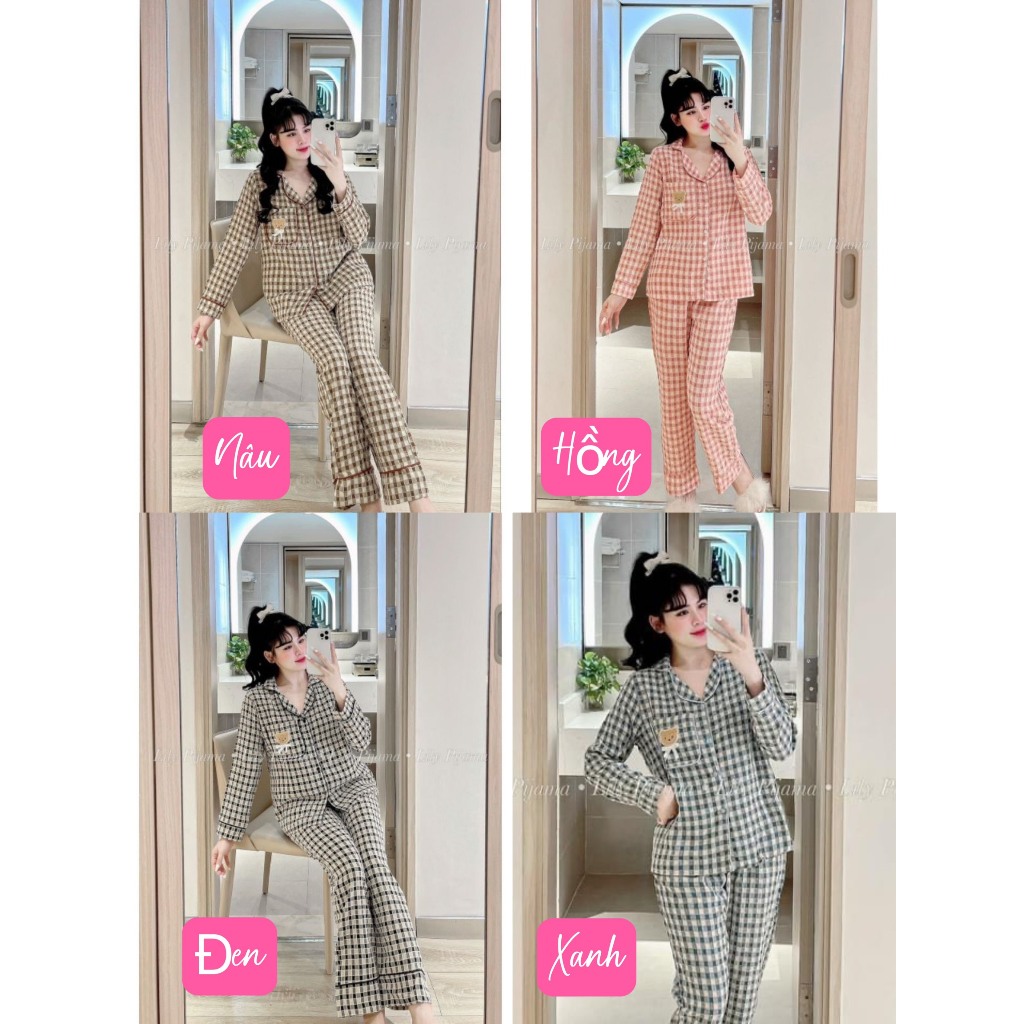 MÃ 486 BỘ NGỦ PIZAMA GẤU ĐŨI CARO,BỘ DÀI TAY THU ĐÔNG CHO NỮ