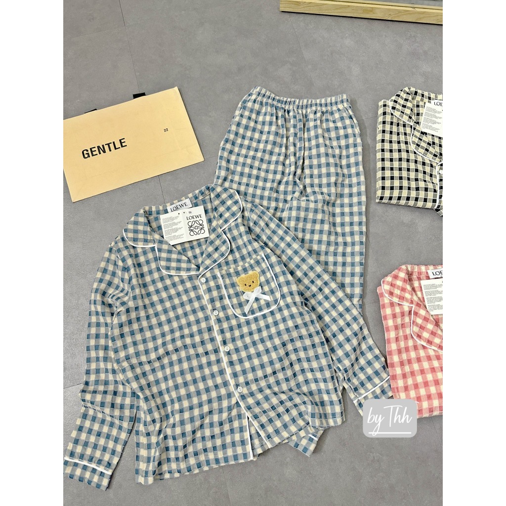 MÃ 486 BỘ NGỦ PIZAMA GẤU ĐŨI CARO,BỘ DÀI TAY THU ĐÔNG CHO NỮ