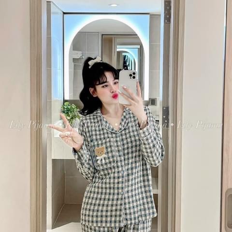 MÃ 486 BỘ NGỦ PIZAMA GẤU ĐŨI CARO,BỘ DÀI TAY THU ĐÔNG CHO NỮ