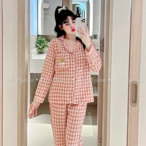 MÃ 486 BỘ NGỦ PIZAMA GẤU ĐŨI CARO,BỘ DÀI TAY THU ĐÔNG CHO NỮ