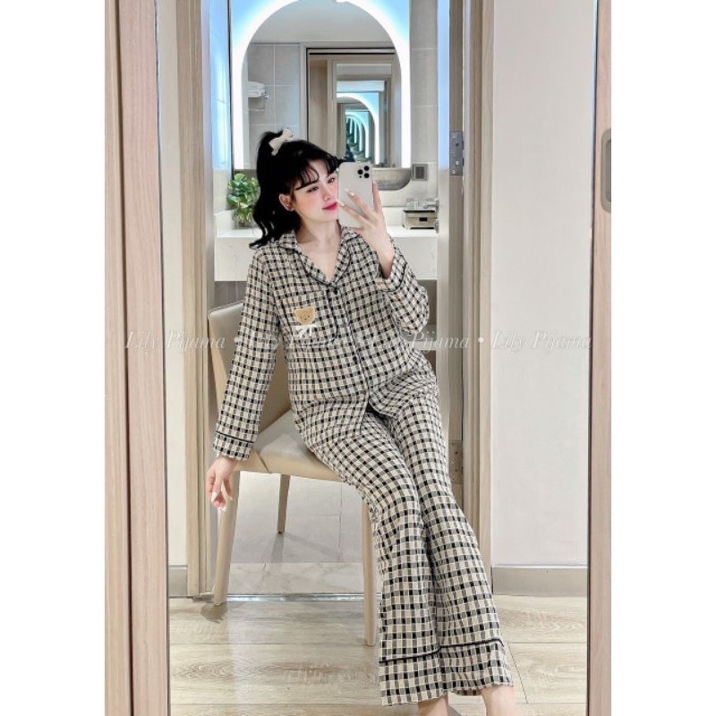 MÃ 486 BỘ NGỦ PIZAMA GẤU ĐŨI CARO,BỘ DÀI TAY THU ĐÔNG CHO NỮ