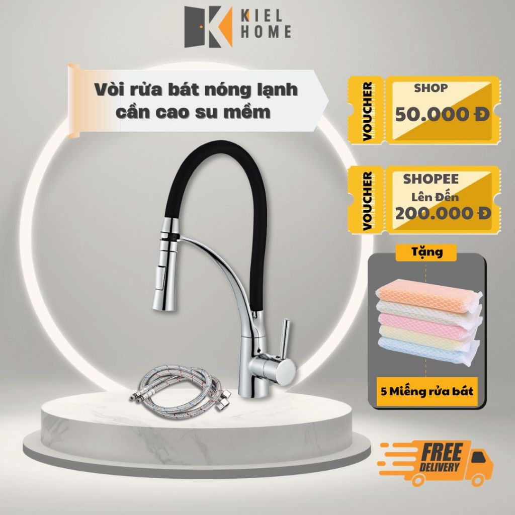 Vòi rửa bát nóng lạnh cần cao su mềm chất liệu đồng mạ crom bóng, kiểu dáng sáng trọng hàng chính hãng bảo hành 5 năm