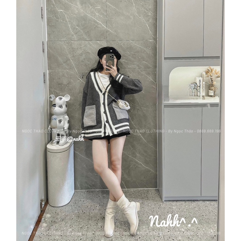 Áo Len Cadigan Màu Ghi pha viền be túi hộp hàng Qc loại 1