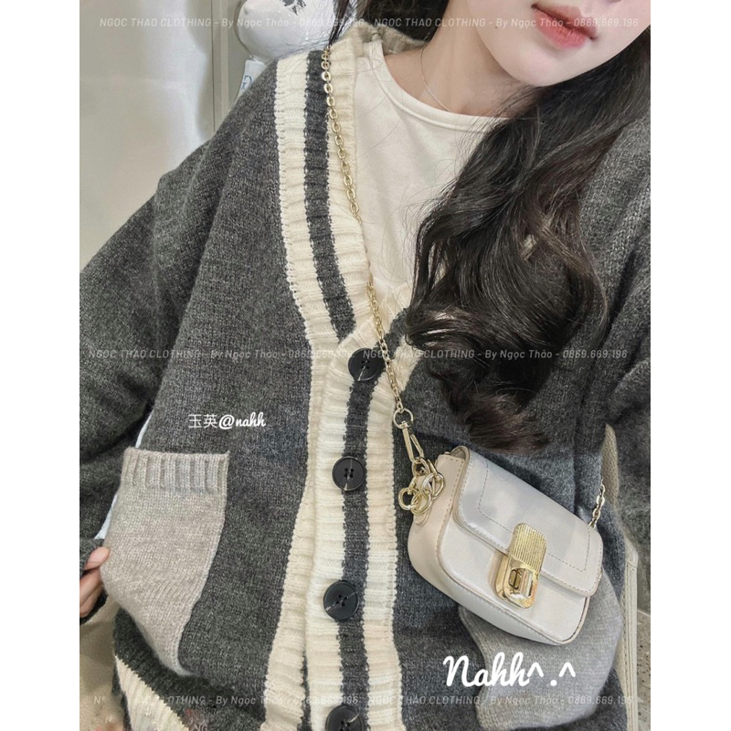 Áo Len Cadigan Màu Ghi pha viền be túi hộp hàng Qc loại 1