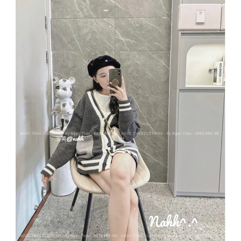 Áo Len Cadigan Màu Ghi pha viền be túi hộp hàng Qc loại 1