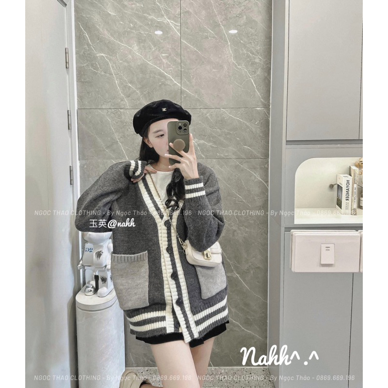 Áo Len Cadigan Màu Ghi pha viền be túi hộp hàng Qc loại 1
