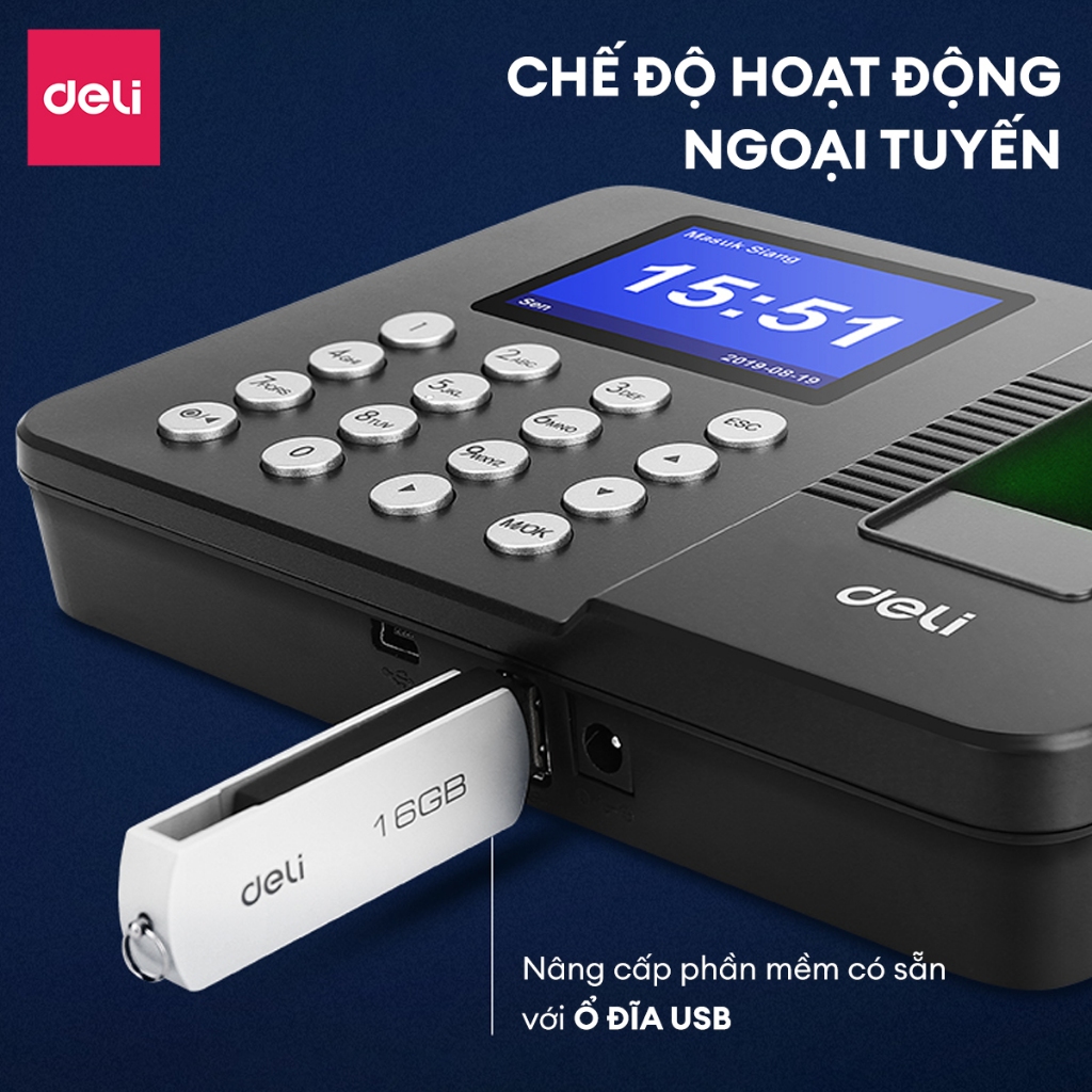 Máy Chấm Công Quét Vân Tay Deli Chính Hãng Nhận Diện Gương Mặt Có Tiếng Việt Kết Nối USB Báo Cáo Excel Thông Minh