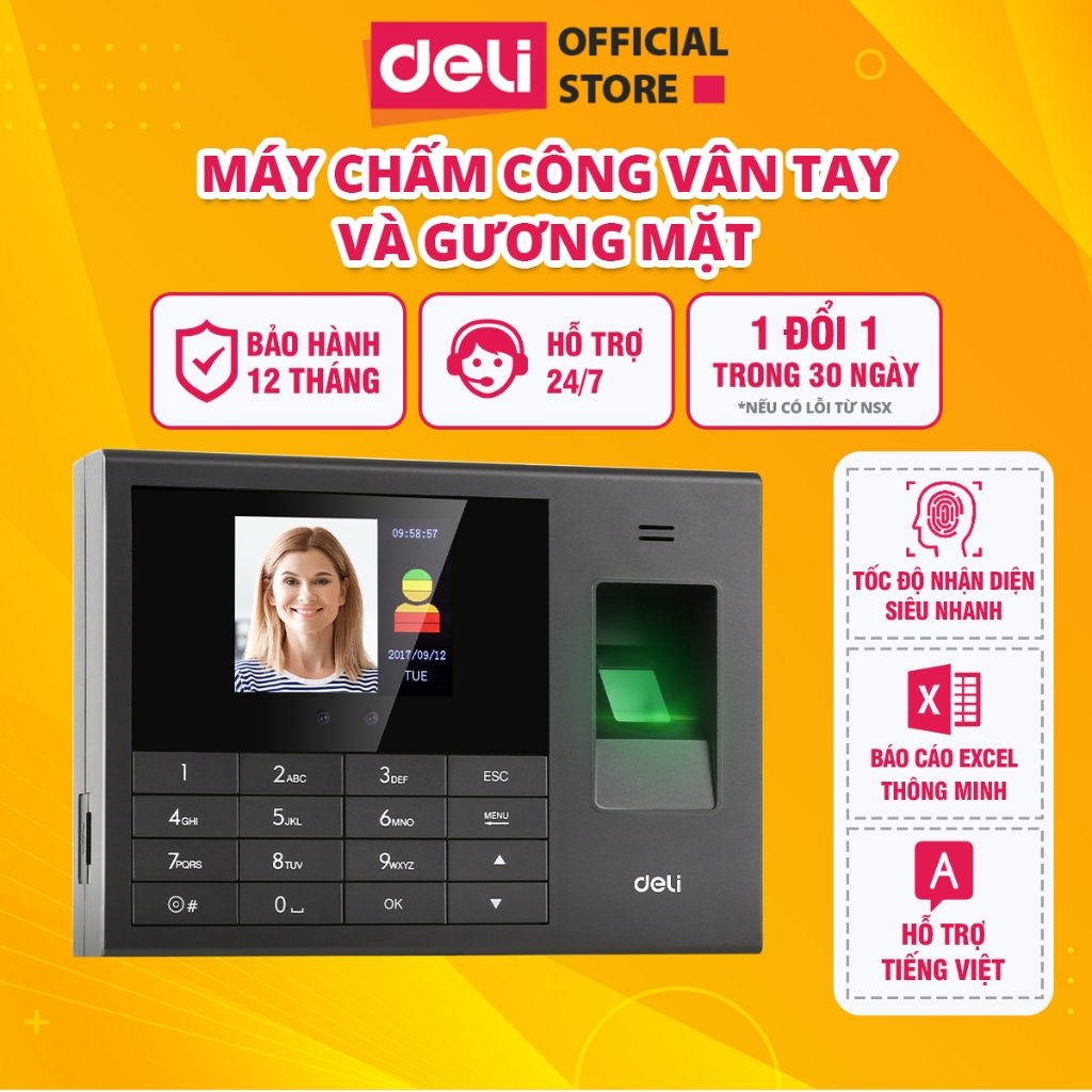 Máy Chấm Công DELI Máy Quét Vân Tay Và Nhận Dạng Khuôn Mặt - Hỗ Trợ Tiếng Việt, Báo Cáo Excel, Quản Lý Quyền Truy Cập