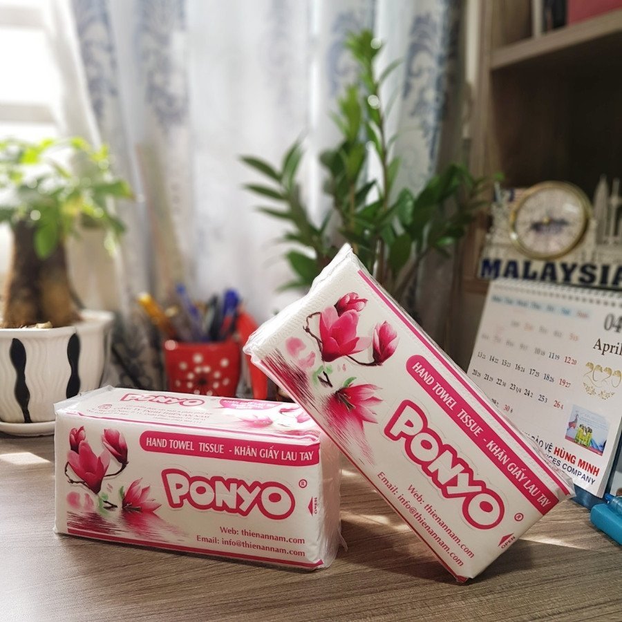 Khắn giấy rút 2 lớp lau tay Ponyo 100 tờ, khăn giấy khô thấm hút dày dặn dai mềm dễ rút