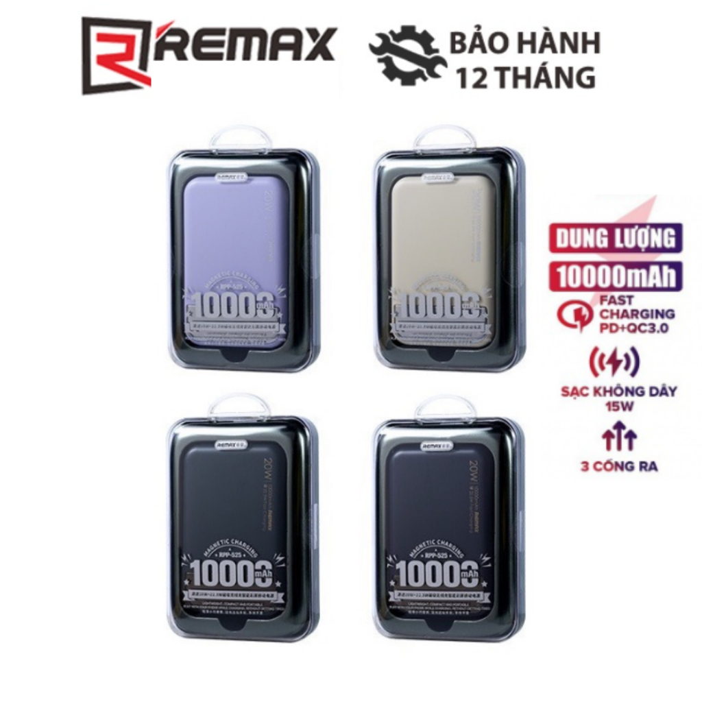 Pin dự phòng không dây Remax RPP-525 10000mAh sạc nhanh không dây 15W có dây chuẩn PD max 22.5W