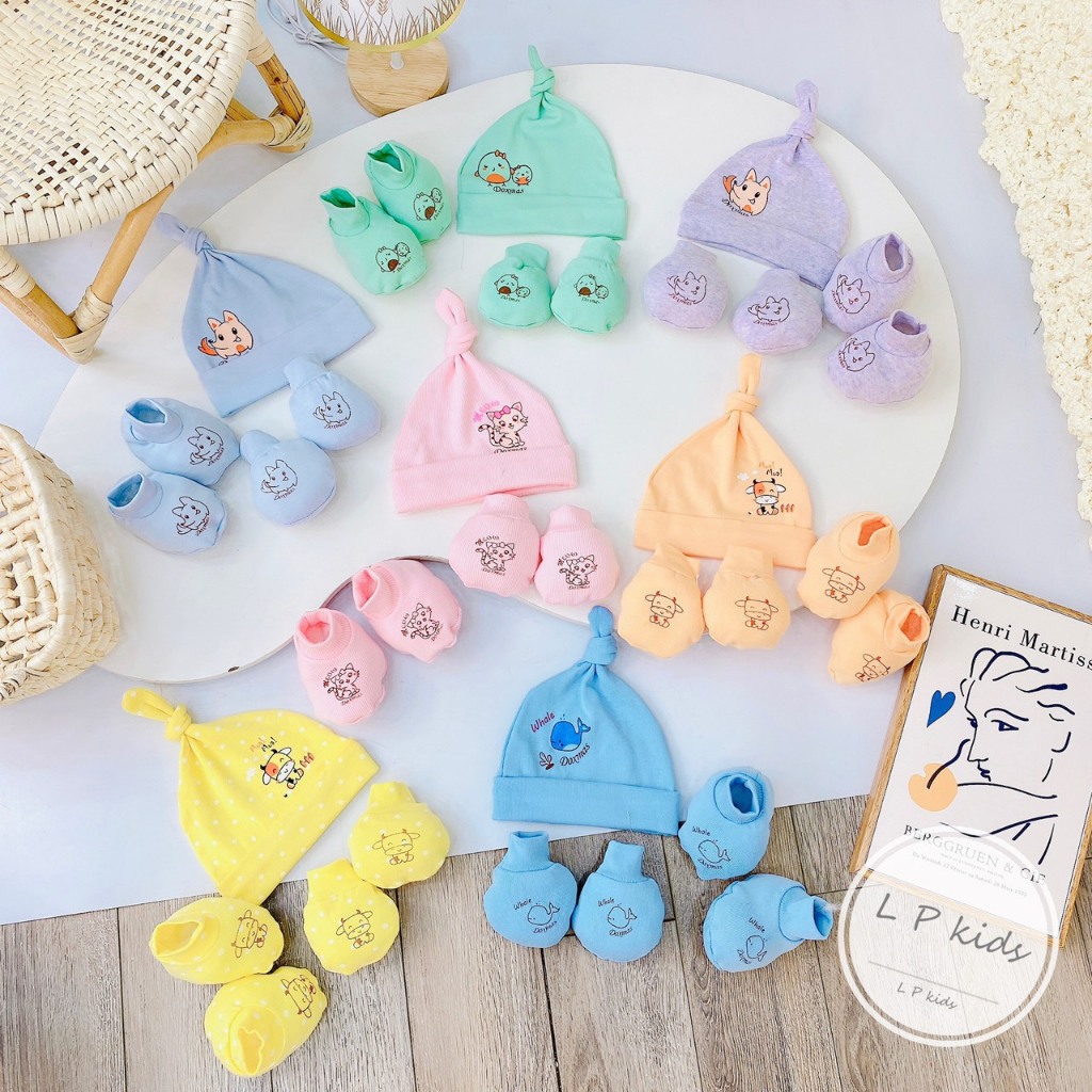 Sét mũ đuôi bao tay bao chân sơ sinh NỀN MÀU 5 MÓN CHẤT ĐẸP đáng yêu cho bé SM06