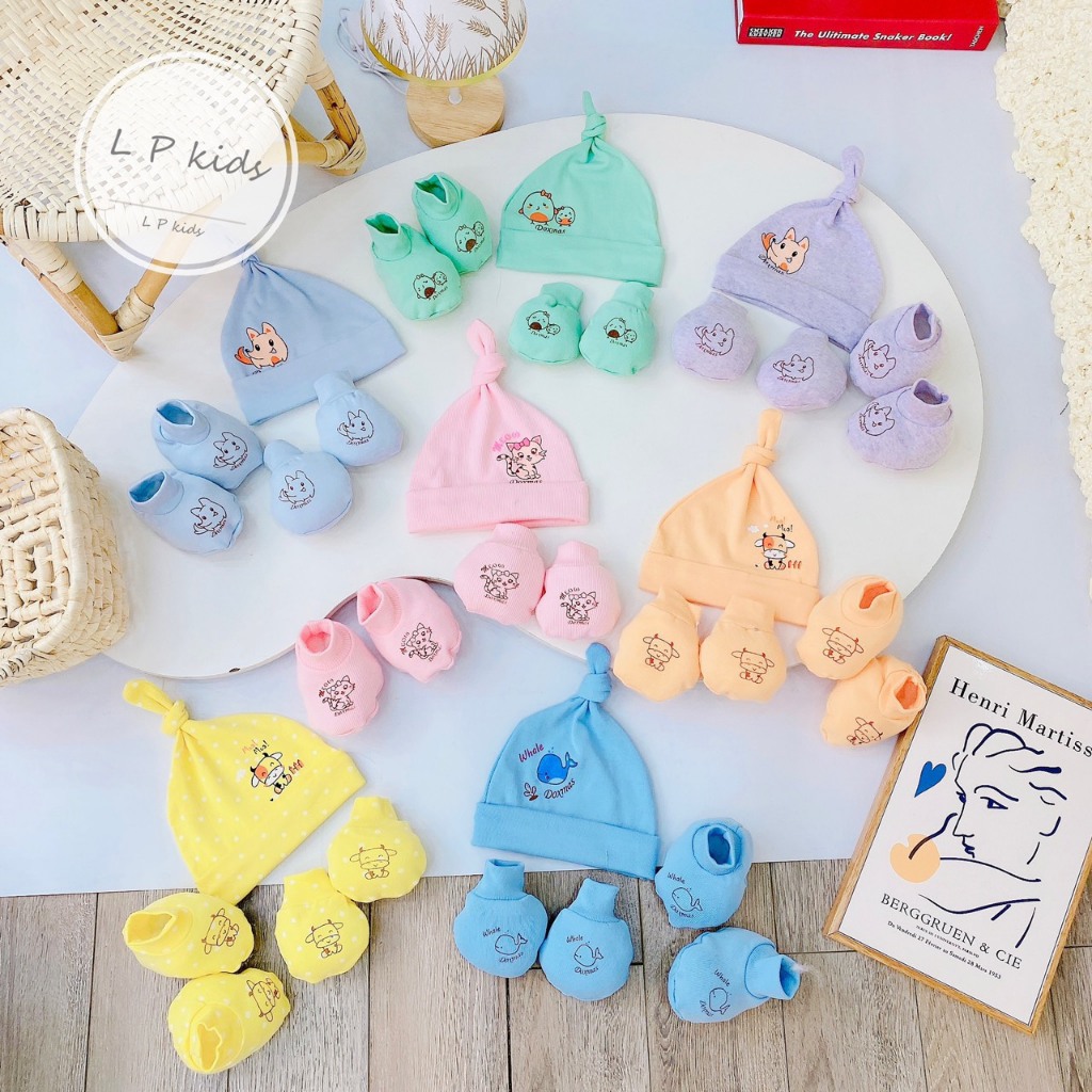 Sét mũ đuôi bao tay bao chân sơ sinh NỀN MÀU 5 MÓN CHẤT ĐẸP đáng yêu cho bé SM06