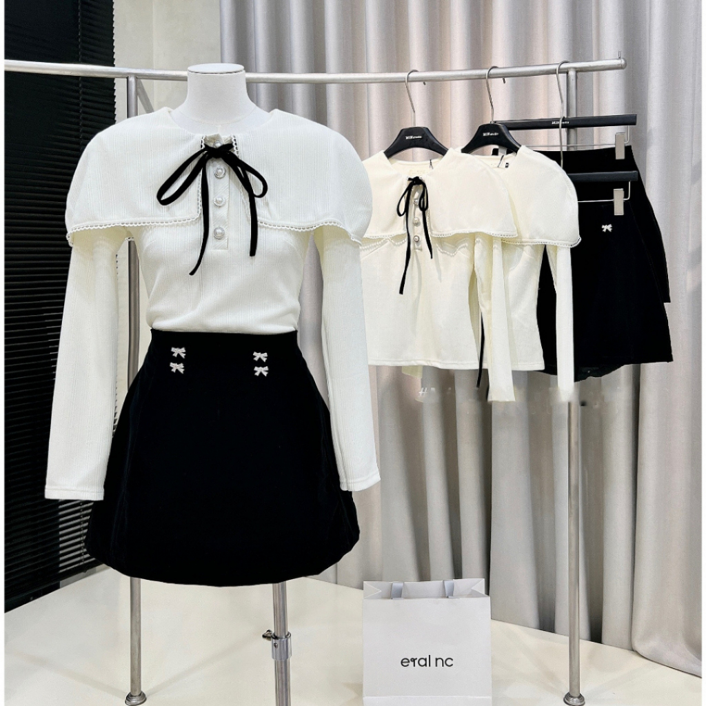 Trend - Set Bộ Áo Thun Tăm Cúc Ngọc Phối Chân Váy Đen Tacta, Phong Cách Hàn Quốc, HH244130