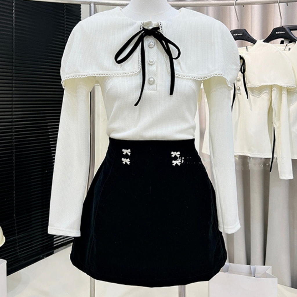 Trend - Set Bộ Áo Thun Tăm Cúc Ngọc Phối Chân Váy Đen Tacta, Phong Cách Hàn Quốc, HH244130