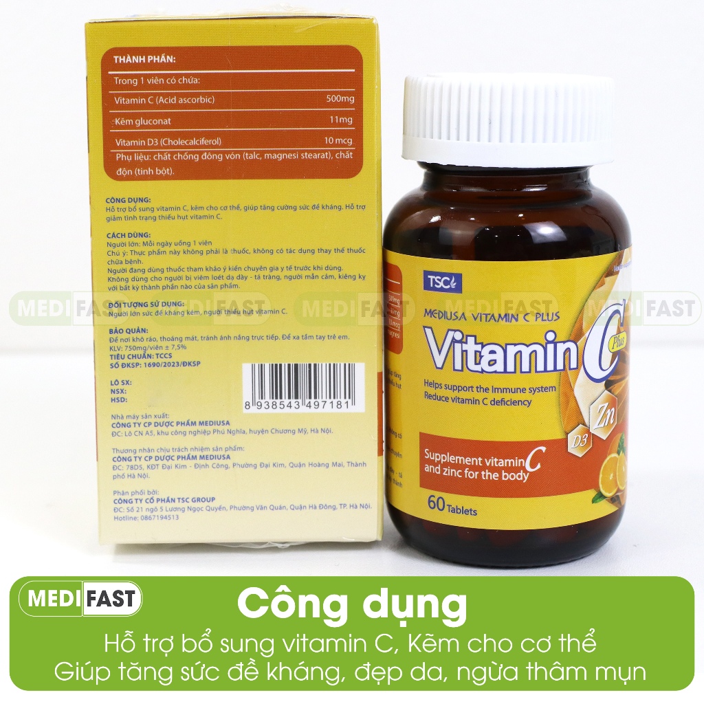 Viên uống sáng da Vitamin C có thêm Kẽm Mediusa giúp tăng sức đề kháng, đẹp da, ngừa mụn - Vtm c Hộp 60 viên