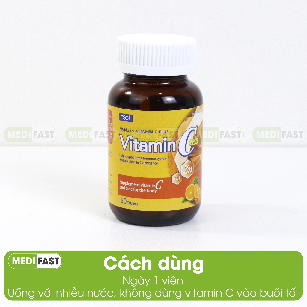 Viên uống sáng da Vitamin C có thêm Kẽm Mediusa giúp tăng sức đề kháng, đẹp da, ngừa mụn - Vtm c Hộp 60 viên