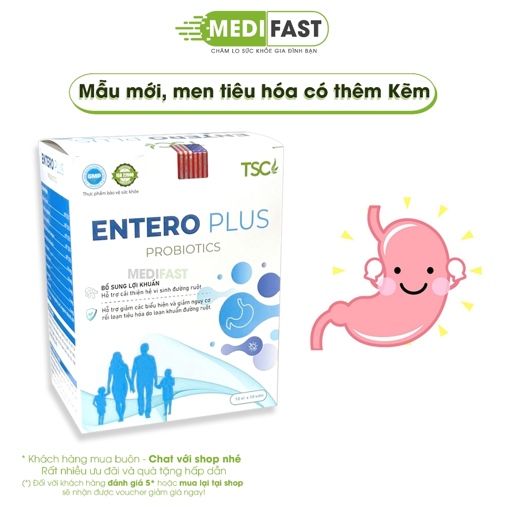 Men tiêu hóa Entero Plus Probiotics TSC, bổ sung lợi khuẩn, kích thích ăn ngon chứa kẽm, giảm rối loạn tiêu hóa Hộp 100v