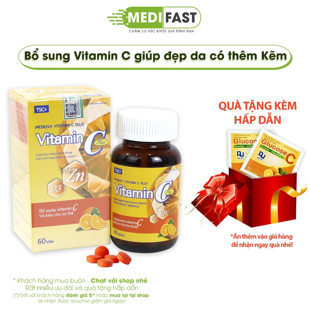 Viên uống sáng da Vitamin C có thêm Kẽm Mediusa giúp tăng sức đề kháng, đẹp da, ngừa mụn - Vtm c Hộp 60 viên