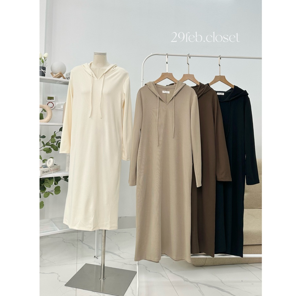 Váy Xinh Hoodie Mũ Dây Rút Dáng Suông Trơn Basic 29feb.closet Thời Trang Thu Đông - V159