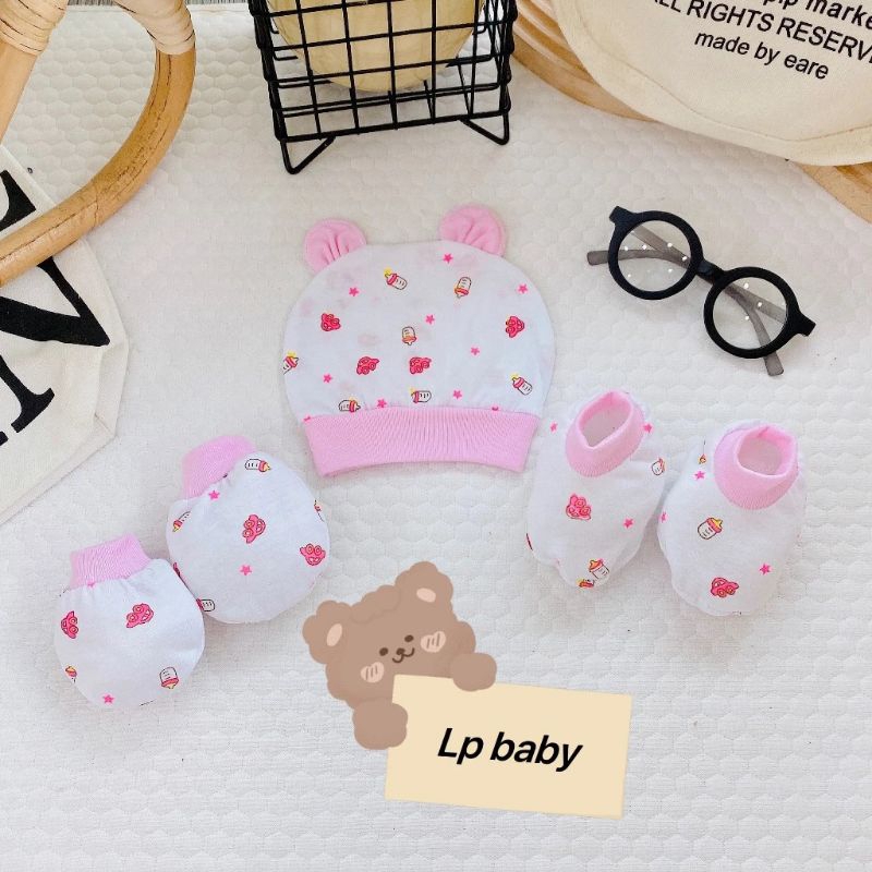 Set bao tay chân kèm mũ cotton trắng in hoa tiết 5 món cho bé sơ sinh 0-3 tháng