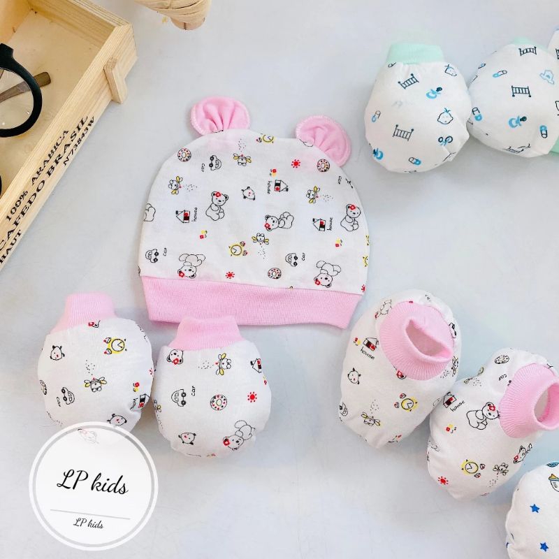Set bao tay chân kèm mũ cotton trắng in hoa tiết 5 món cho bé sơ sinh 0-3 tháng