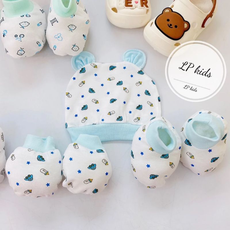 Set bao tay chân kèm mũ cotton trắng in hoa tiết 5 món cho bé sơ sinh 0-3 tháng