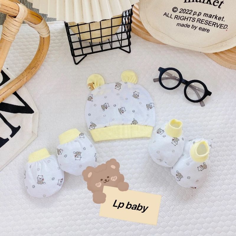 Set bao tay chân kèm mũ cotton trắng in hoa tiết 5 món cho bé sơ sinh 0-3 tháng