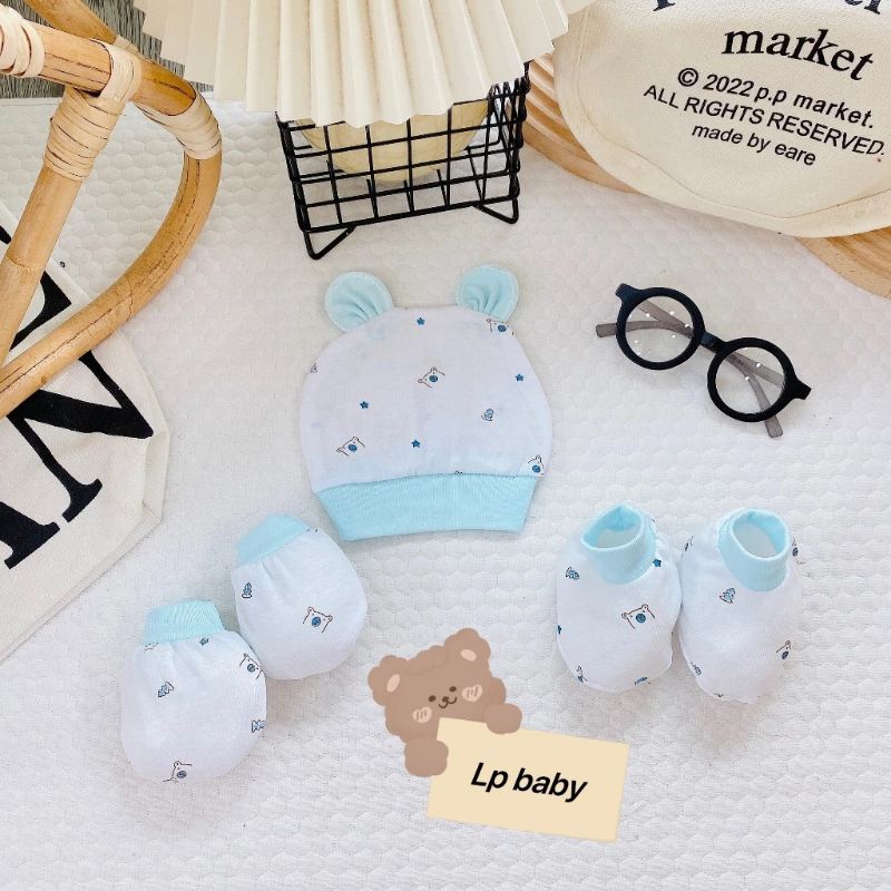 Set bao tay chân kèm mũ cotton trắng in hoa tiết 5 món cho bé sơ sinh 0-3 tháng